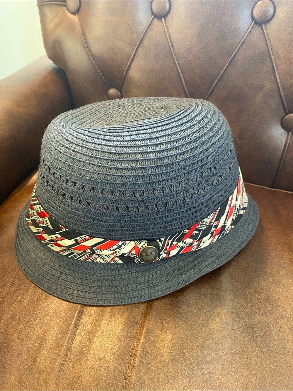 Goorin Bros Straw Fedora Navy Hat with Red White Navy Band Size Large EUC 🇺🇸